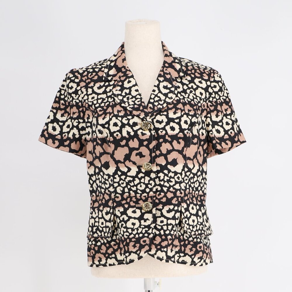 RICKI FREEMAN for TERI JON Leopard Print Linen Short Sleeve Jacket Blazer Size 8